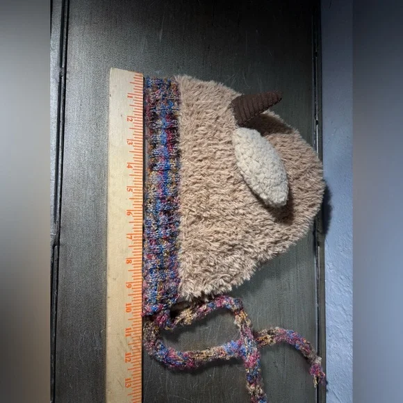 Cozy Light Brown and Blue Horned Sheep Themed Knit Hat and the Ears Squeek - Picture 10 of 11